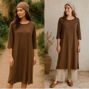 J. Jill Brown Linen Blend 3/4 Sleece Side Slit Beach Midi Maxi Dress